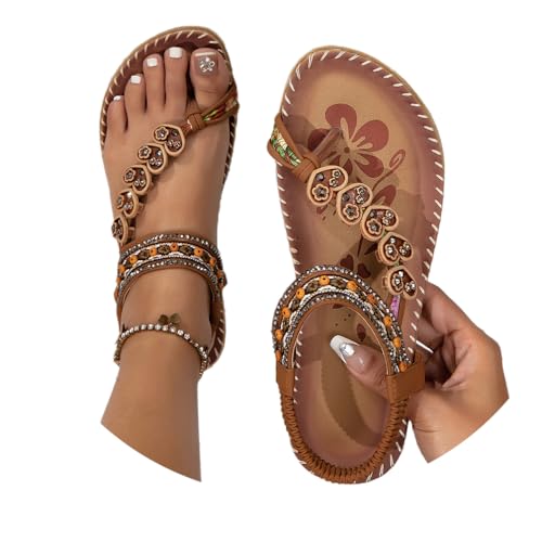 Minetom Sandalen Damen Sommer Elegant Zehentrenner Boho Bequeme Sommerschuhe Flache Sandaletten Freizeit Flip Flops Strand Schuhe A Braun 40 EU von Minetom