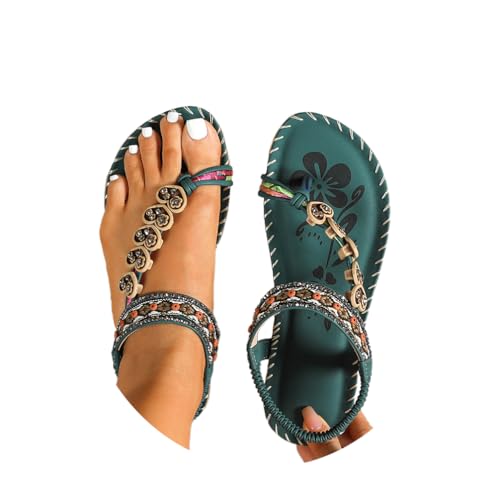 Minetom Sandalen Damen Sommer Elegant Zehentrenner Boho Bequeme Sommerschuhe Flache Sandaletten Freizeit Flip Flops Strand Schuhe A Grün 1 41 EU von Minetom