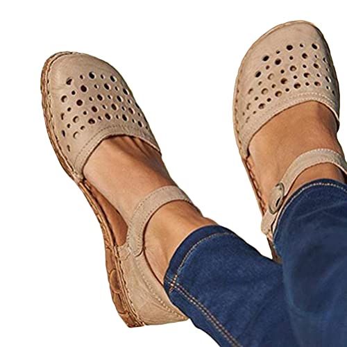 Minetom Sandalen Damen Sommer Flach Sandaletten Halbschuhe Vintage Hohl Runde Zehe Frauen Schuhe Mary Jane Halbschuh Strandsandalen A Aprikose 37 EU von Minetom