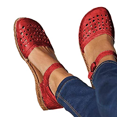 Minetom Sandalen Damen Sommer Flach Sandaletten Halbschuhe Vintage Hohl Runde Zehe Frauen Schuhe Mary Jane Halbschuh Strandsandalen A Rot 37 EU von Minetom