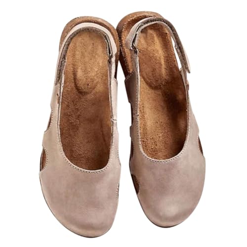 Minetom Sandalen Damen Sommer Flach Sandaletten Mit Geschlossene Halbschuhe Vintage Runde Zehe Frauen Klettverschluss Schuhe Mary Jane Strandsandalen A Aprikose 40 EU von Minetom