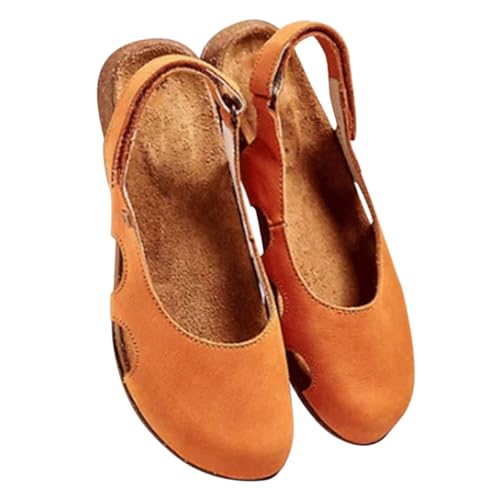 Minetom Sandalen Damen Sommer Flach Sandaletten Mit Geschlossene Halbschuhe Vintage Runde Zehe Frauen Klettverschluss Schuhe Mary Jane Strandsandalen A Orange 43 EU von Minetom