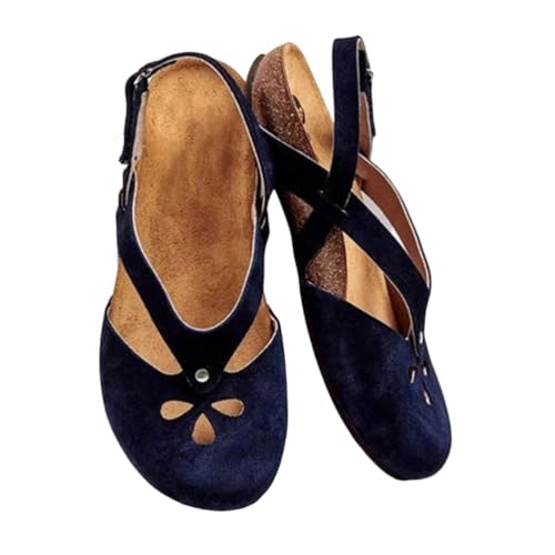 Minetom Sandalen Damen Sommer Flach Sandaletten Mit Geschlossene Halbschuhe Vintage Runde Zehe Frauen Klettverschluss Schuhe Mary Jane Strandsandalen B Blau 40 EU von Minetom