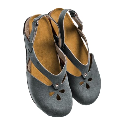 Minetom Sandalen Damen Sommer Flach Sandaletten Mit Geschlossene Halbschuhe Vintage Runde Zehe Frauen Klettverschluss Schuhe Mary Jane Strandsandalen B Grau 42 EU von Minetom