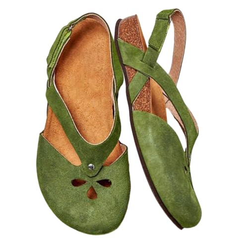 Minetom Sandalen Damen Sommer Flach Sandaletten Mit Geschlossene Halbschuhe Vintage Runde Zehe Frauen Klettverschluss Schuhe Mary Jane Strandsandalen B Grün 42 EU von Minetom