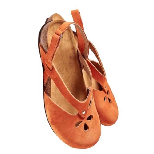 Minetom Sandalen Damen Sommer Flach Sandaletten Mit Geschlossene Halbschuhe Vintage Runde Zehe Frauen Klettverschluss Schuhe Mary Jane Strandsandalen B Orange 40 EU von Minetom