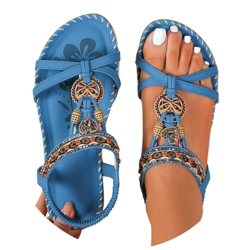 Minetom Sandalen Damen Sommer Flache Sandaletten Boho Bequeme Peep Toe Freizeit Strand Schuhe mit Strass Perlen A Blau 1 44 EU von Minetom