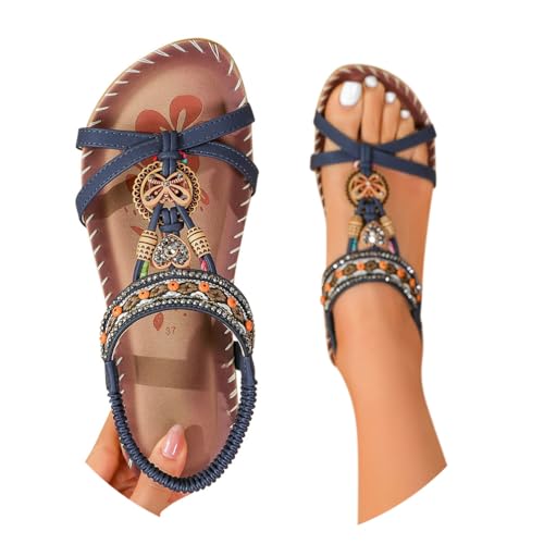 Minetom Sandalen Damen Sommer Flache Sandaletten Boho Bequeme Peep Toe Freizeit Strand Schuhe mit Strass Perlen A Blau 2 38 EU von Minetom