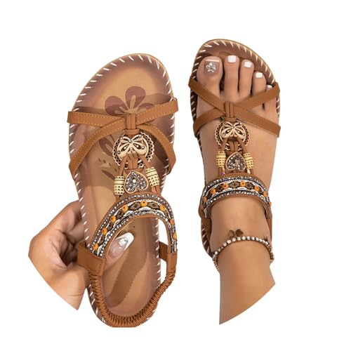 Minetom Sandalen Damen Sommer Flache Sandaletten Boho Bequeme Peep Toe Freizeit Strand Schuhe mit Strass Perlen A Braun 1 41 EU von Minetom