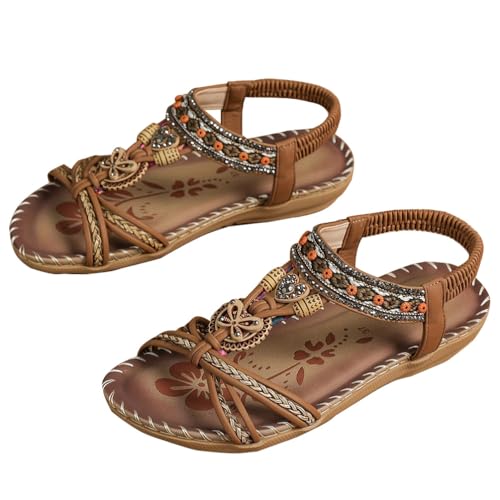 Minetom Sandalen Damen Sommer Flache Sandaletten Boho Bequeme Peep Toe Freizeit Strand Schuhe mit Strass Perlen A Braun 3 37 EU von Minetom