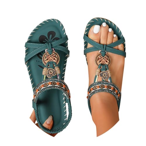 Minetom Sandalen Damen Sommer Flache Sandaletten Boho Bequeme Peep Toe Freizeit Strand Schuhe mit Strass Perlen A Grün 1 39 EU von Minetom