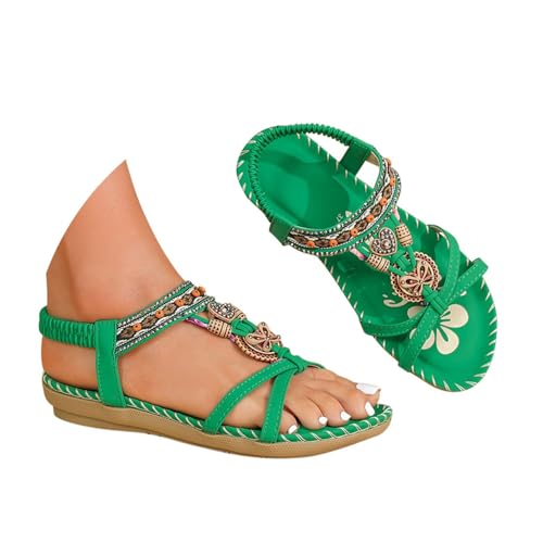 Minetom Sandalen Damen Sommer Flache Sandaletten Boho Bequeme Peep Toe Freizeit Strand Schuhe mit Strass Perlen A Grün 4 40 EU von Minetom