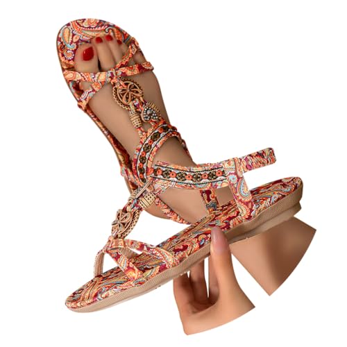 Minetom Sandalen Damen Sommer Flache Sandaletten Boho Bequeme Peep Toe Freizeit Strand Schuhe mit Strass Perlen A Mehrfarbig 36 EU von Minetom