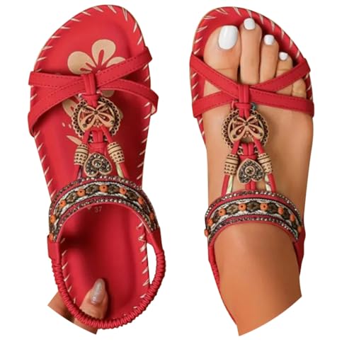 Minetom Sandalen Damen Sommer Flache Sandaletten Boho Bequeme Peep Toe Freizeit Strand Schuhe mit Strass Perlen A Rot 1 37 EU von Minetom