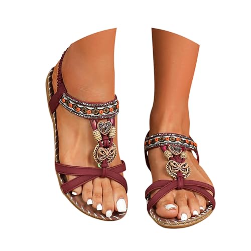 Minetom Sandalen Damen Sommer Flache Sandaletten Boho Bequeme Peep Toe Freizeit Strand Schuhe mit Strass Perlen A Rot 2 39 EU von Minetom