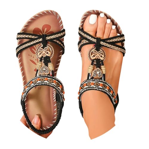 Minetom Sandalen Damen Sommer Flache Sandaletten Boho Bequeme Peep Toe Freizeit Strand Schuhe mit Strass Perlen A Schwarz 1 42 EU von Minetom