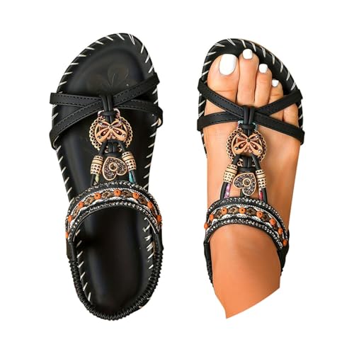 Minetom Sandalen Damen Sommer Flache Sandaletten Boho Bequeme Peep Toe Freizeit Strand Schuhe mit Strass Perlen A Schwarz 3 37 EU von Minetom