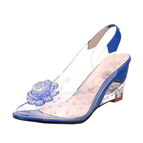 Minetom Sandalen Damen Sommer Keilabsatz Strand Peep Toe Gummi Durchsichtige Sommerschuhe Outdoor Sandaletten Frauen Blume Schuhe Blau 40 EU von Minetom
