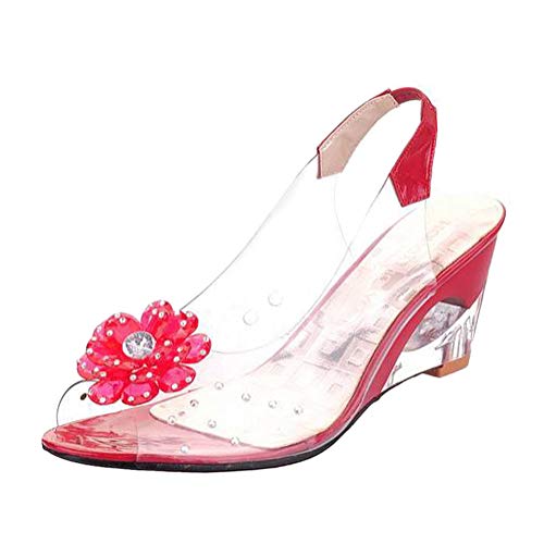 Minetom Sandalen Damen Sommer Keilabsatz Strand Peep Toe Gummi Durchsichtige Sommerschuhe Outdoor Sandaletten Frauen Blume Schuhe Rot 41 EU von Minetom