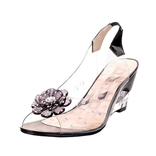 Minetom Sandalen Damen Sommer Keilabsatz Strand Peep Toe Gummi Durchsichtige Sommerschuhe Outdoor Sandaletten Frauen Blume Schuhe Schwarz 35 EU von Minetom