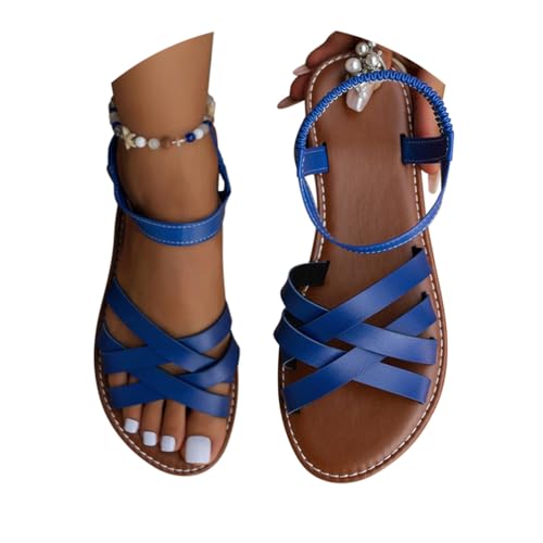 Minetom Sandalen Damen Sommer Römersandalen Flache Sandaletten Bowknot Bequeme Peep Toe Casual Strand Schuhe A Blau 39 EU von Minetom