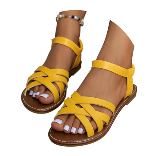Minetom Sandalen Damen Sommer Römersandalen Flache Sandaletten Bowknot Bequeme Peep Toe Casual Strand Schuhe A Gelb 40 EU von Minetom