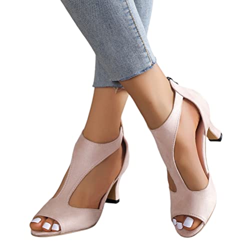 Minetom Sandalen Damen Sommer Wildleder Party Basic Fischmaul Sandalen Blockabsatz High Heels Pumps Sommerschuhe Vintage Reißverschluss Abendschuhe A Aprikose 38 EU von Minetom