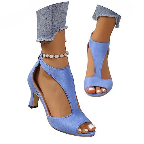 Minetom Sandalen Damen Sommer Wildleder Party Basic Fischmaul Sandalen Blockabsatz High Heels Pumps Sommerschuhe Vintage Reißverschluss Abendschuhe A Blau 43 EU von Minetom