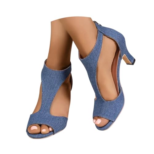 Minetom Sandalen Damen Sommer Wildleder Party Basic Fischmaul Sandalen Blockabsatz High Heels Pumps Sommerschuhe Vintage Reißverschluss Abendschuhe A2 Blau 42 EU von Minetom