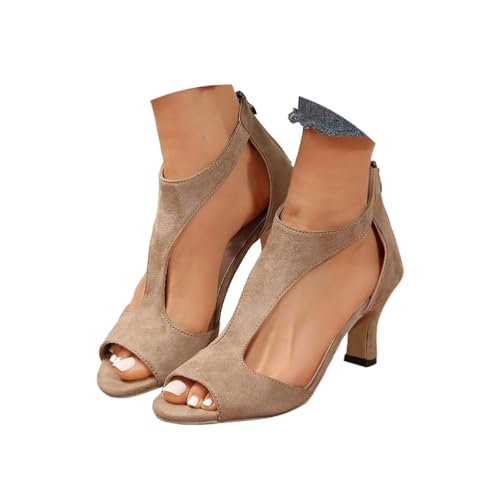 Minetom Sandalen Damen Sommer Wildleder Party Basic Fischmaul Sandalen Blockabsatz High Heels Pumps Sommerschuhe Vintage Reißverschluss Abendschuhe A2 Khaki 39 EU von Minetom