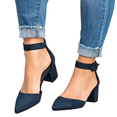 Minetom Sandalen Damen Sommer Wildleder Spitz Party Basic Sandalen Blockabsatz High Heels Pumps Sommerschuhe Vintage Sandalen Schnalle Abendschuhe A Blau 35 EU von Minetom