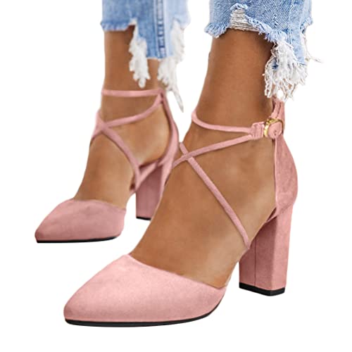 Minetom Sandalen Damen Sommer Wildleder Spitz Party Basic Sandalen Blockabsatz High Heels Pumps Sommerschuhe Vintage Sandalen Schnalle Abendschuhe F Rosa 36 EU von Minetom