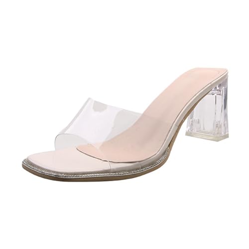 Minetom Sandalen Damen Transparent Offene Sandaletten Elegant Bequem Pantoletten Hausschuhe Peep Toe Schuhe Sommersandalen mit Blockabsatz A Beige 7cm 38 EU von Minetom