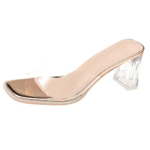 Minetom Sandalen Damen Transparent Offene Sandaletten Elegant Bequem Pantoletten Hausschuhe Peep Toe Schuhe Sommersandalen mit Blockabsatz A Champagner 7cm 39 EU von Minetom