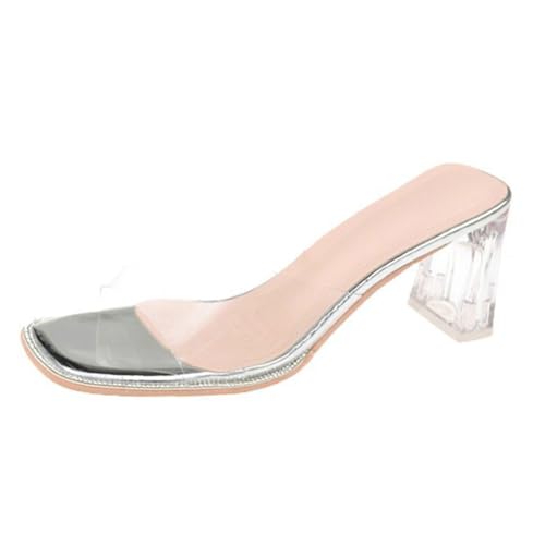 Minetom Sandalen Damen Transparent Offene Sandaletten Elegant Bequem Pantoletten Hausschuhe Peep Toe Schuhe Sommersandalen mit Blockabsatz A Silber 7cm 40 EU von Minetom