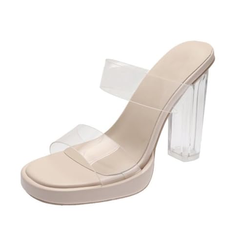 Minetom Sandalen Damen Transparent Offene Sandaletten Elegant Bequem Pantoletten Hausschuhe Peep Toe Schuhe Sommersandalen mit Blockabsatz B Beige 11cm 36 EU von Minetom