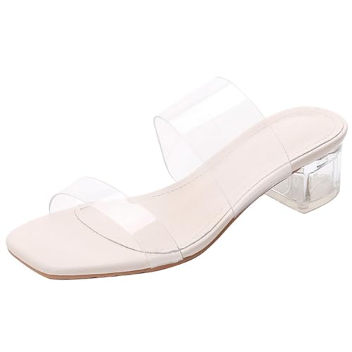 Minetom Sandalen Damen Transparent Offene Sandaletten Elegant Bequem Pantoletten Hausschuhe Peep Toe Schuhe Sommersandalen mit Blockabsatz C Beige 4cm 37 EU von Minetom