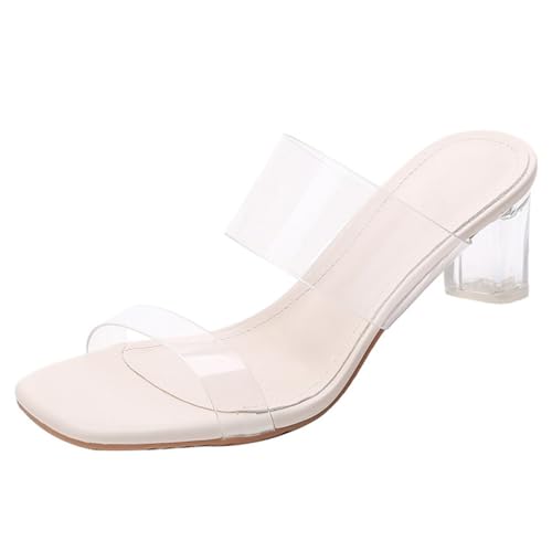 Minetom Sandalen Damen Transparent Offene Sandaletten Elegant Bequem Pantoletten Hausschuhe Peep Toe Schuhe Sommersandalen mit Blockabsatz C Beige 5cm 40 EU von Minetom