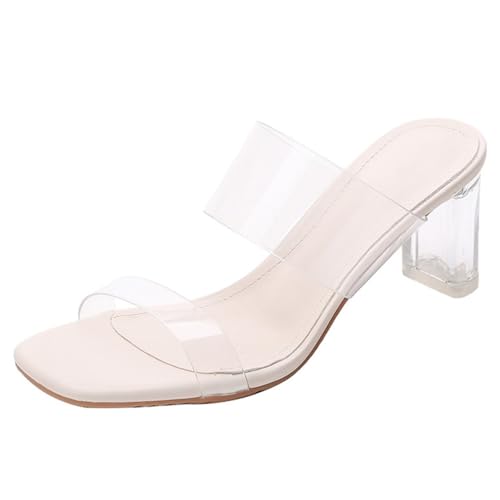 Minetom Sandalen Damen Transparent Offene Sandaletten Elegant Bequem Pantoletten Hausschuhe Peep Toe Schuhe Sommersandalen mit Blockabsatz C Beige 7cm 40 EU von Minetom