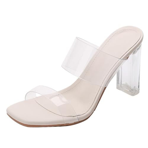 Minetom Sandalen Damen Transparent Offene Sandaletten Elegant Bequem Pantoletten Hausschuhe Peep Toe Schuhe Sommersandalen mit Blockabsatz C Beige 9cm 39 EU von Minetom