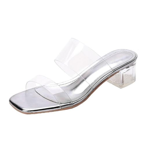 Minetom Sandalen Damen Transparent Offene Sandaletten Elegant Bequem Pantoletten Hausschuhe Peep Toe Schuhe Sommersandalen mit Blockabsatz C Silber 4cm 39 EU von Minetom