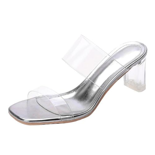 Minetom Sandalen Damen Transparent Offene Sandaletten Elegant Bequem Pantoletten Hausschuhe Peep Toe Schuhe Sommersandalen mit Blockabsatz C Silber 5cm 39 EU von Minetom