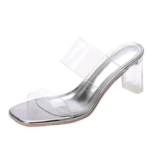 Minetom Sandalen Damen Transparent Offene Sandaletten Elegant Bequem Pantoletten Hausschuhe Peep Toe Schuhe Sommersandalen mit Blockabsatz C Silber 7cm 38 EU von Minetom