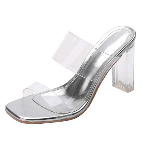 Minetom Sandalen Damen Transparent Offene Sandaletten Elegant Bequem Pantoletten Hausschuhe Peep Toe Schuhe Sommersandalen mit Blockabsatz C Silber 9cm 39 EU von Minetom