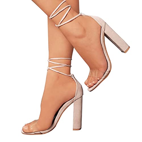 Minetom Sandalen Damen Transparent Riemchen Sandaletten High Heels Party Blockabsatz Shoes Abendschuhe Übergröße Schuhe Sommer B Aprikose 35 EU von Minetom