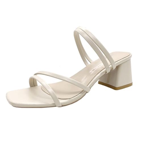 Minetom Sandalen Damen mit Absatz Bequem Offene Sandaletten Elegante Pantoletten Hausschuhe Peep Toe Strand Schuhe Sommersandalen mit Blockabsatz A Beige 37 EU von Minetom