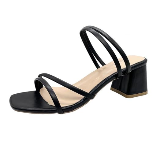 Minetom Sandalen Damen mit Absatz Bequem Offene Sandaletten Elegante Pantoletten Hausschuhe Peep Toe Strand Schuhe Sommersandalen mit Blockabsatz A Schwarz 38 EU von Minetom