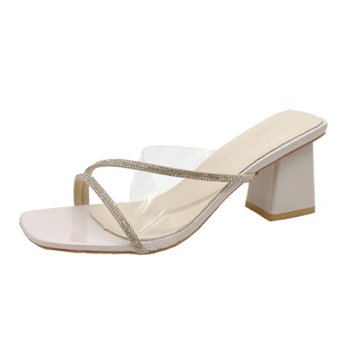 Minetom Sandalen Damen mit Absatz Bequem Offene Sandaletten Elegante Pantoletten Hausschuhe Peep Toe Strand Schuhe Sommersandalen mit Blockabsatz B Beige 37 EU von Minetom
