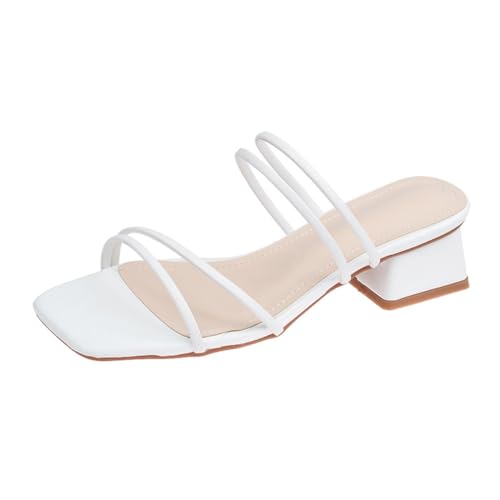 Minetom Sandalen Damen mit Absatz Bequem Offene Sandaletten Elegante Pantoletten Hausschuhe Peep Toe Strand Schuhe Sommersandalen mit Blockabsatz C Weiß 36 EU von Minetom
