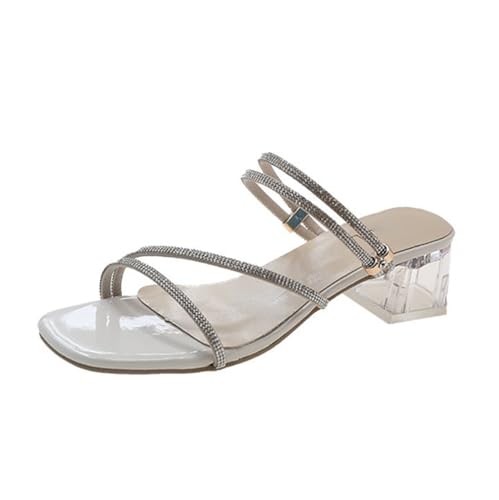 Minetom Sandalen Damen mit Absatz Bequem Offene Sandaletten Elegante Pantoletten Hausschuhe Peep Toe Strand Schuhe Sommersandalen mit Blockabsatz F Weiß 40 EU von Minetom